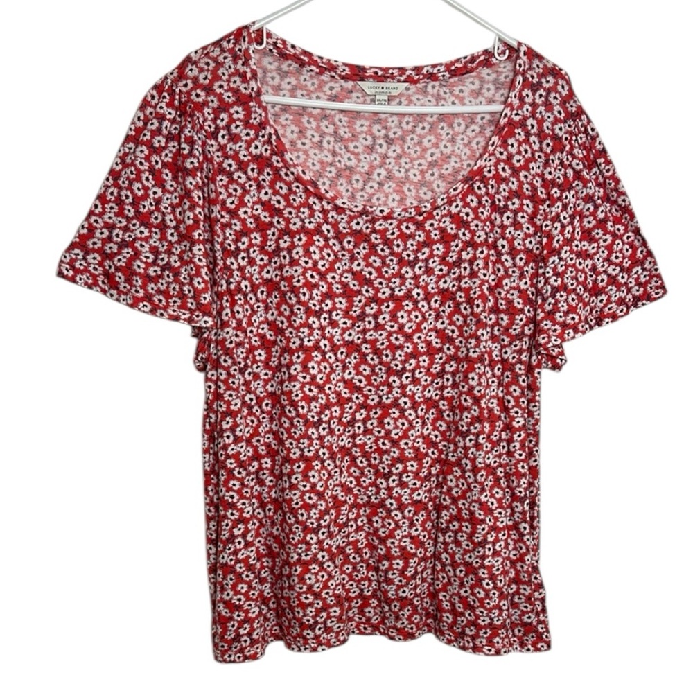 Lucky Brand Size XXL Red Boho Ditsy Floral T-shirt